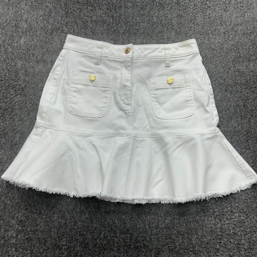 Michael Kors Denim Skirt White Size 4 Raw-Hem Flounce Preppy Nautical Girl